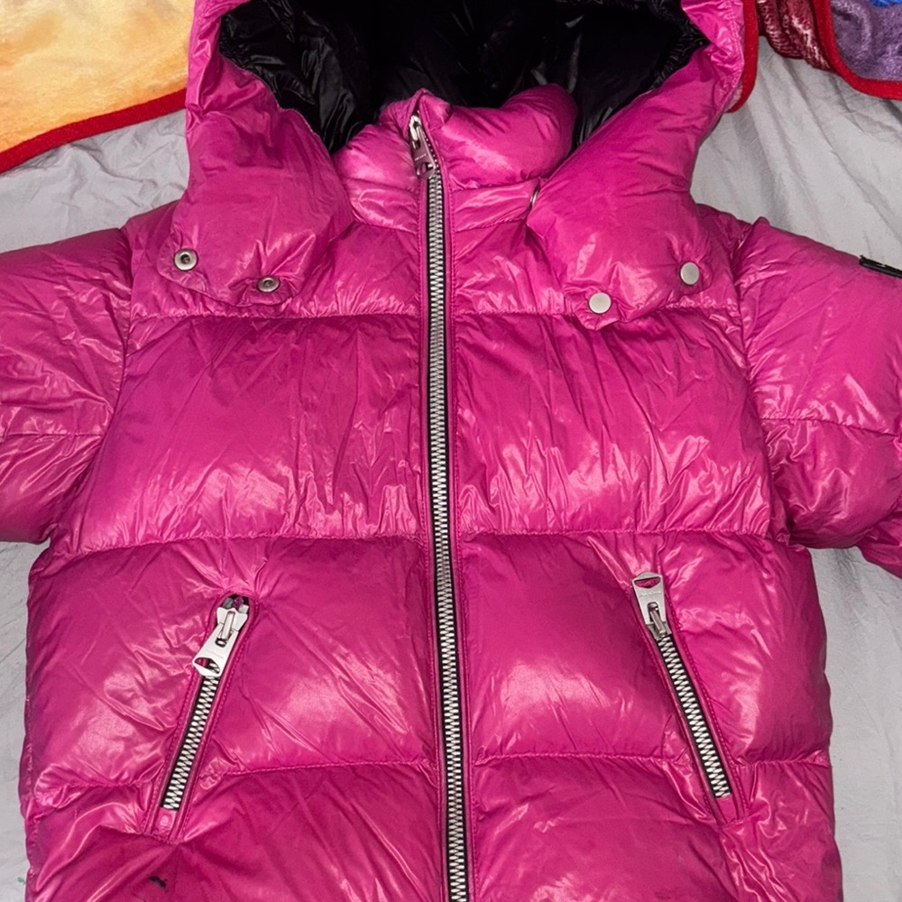 Mackage Pink Puffer Jacket with Hood and Glossy Finish